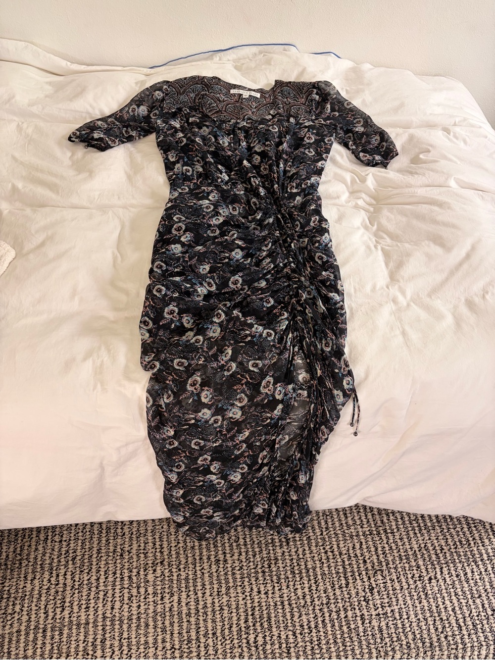Veronica Beard Black Floral Ruched Midi Dress with Blue Accents